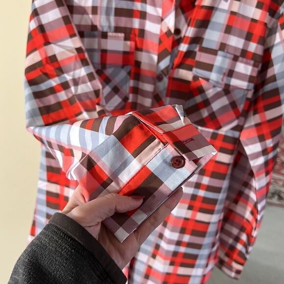 Plaid Long Sleeve Button Down Blouse Split Shirt Size Large Orange / Blue - Picture 4 of 5